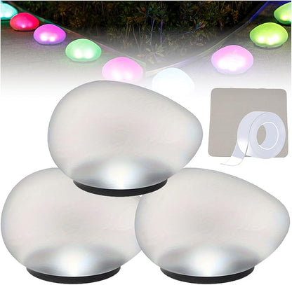 Solar Glass Garden Pebbles, Solar Rock Pathway LED Lights, Pebble Shape Rock Light Outdoor Waterproof Landscape Night Lights, for Garden Path, Stair, Lawn, Patio, Yard Party Decoration (RGB* 3)