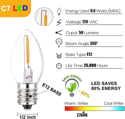25FT C7 LED Christmas Lights Outdoor Warm White, Vintage Christmas LED String Lights Clear Plug-in Waterproof E12 Base (0.6 W) for Indoor Xmas Tree Outdoor Holiday Roofline, Garden, Patio, Party Decor