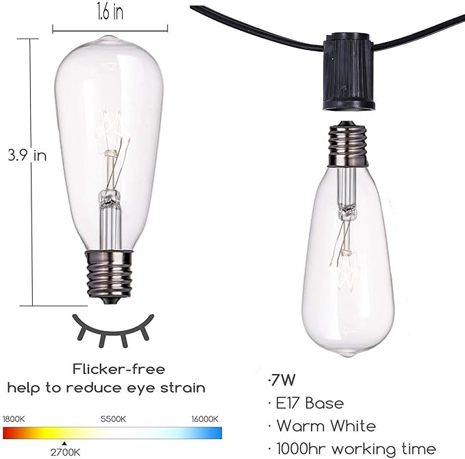 10Ft Outdoor String Lights Waterproof with 10 ST40 E17 Edison Replacement Lights Bulbs, Vintage Patio String Lights | Lumora