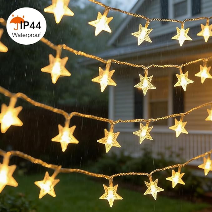 49.2ft Warm White Star String Lights, 100 LED with 16ft Extended Lead Wire & Remote, 8 Modes, IP44 Waterproof Plug in Linkable Lights for Outdoor Indoor Party Wedding