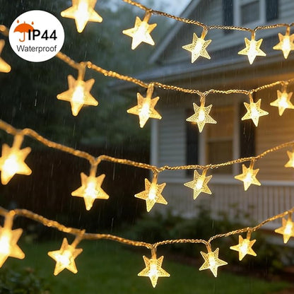 49.2ft Warm White Star String Lights, 100 LED with 16ft Extended Lead Wire & Remote, 8 Modes, IP44 Waterproof Plug in Linkable Lights for Outdoor Indoor Party Wedding
