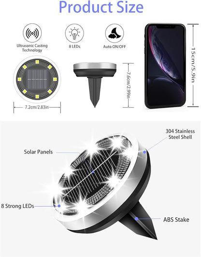 Solar Lights Outdoor Waterproof, 8 Pack 8 LED, Thickened Stainless Steel Ground Light, Solar Garden Lights Landscape Lighting for Patio Pathway Lawn Yard Deck Driveway Walkway, Cool White