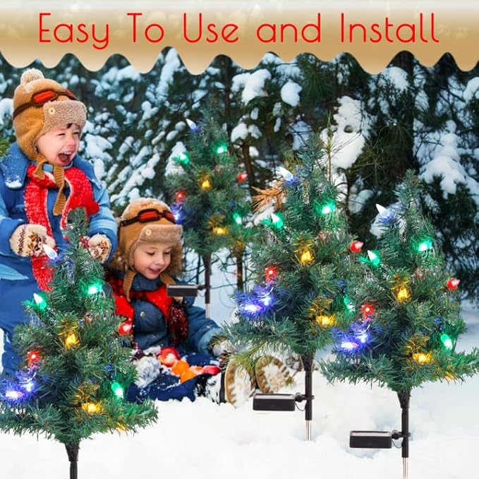 Solar Christmas Tree Lights Decorations - Outdoor Waterproof Xmas Pathway Stake with 20 Strawberry LED in 4 Colors for Garden/Patio/Lawn/Yard, Ornament 2 Packs