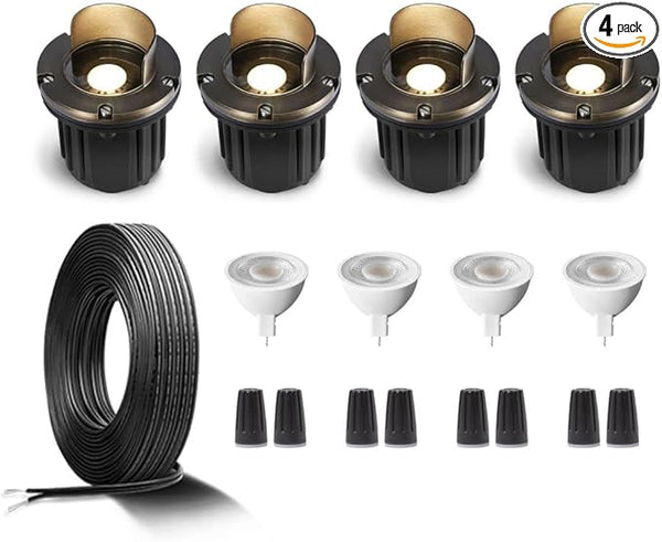 Gardenreet Brass Low Voltage Well Lights Kit(4 Pack) with MR16 Bulb & 100Feet Wire & Connectors, 12V AC/DC LED In | Lumora