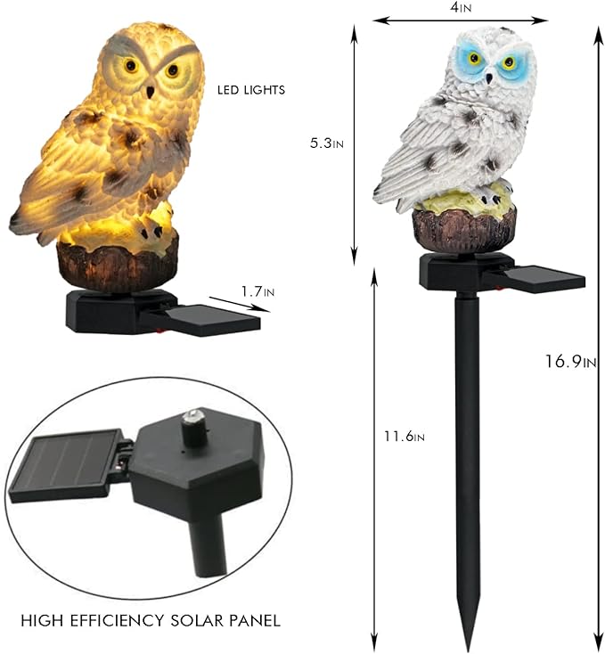 Solar Owl Outdoor Garden Light, 2 Pack Outdoor Path Solar Powered Owl Stake Lights for Walkway Yard Lawn Landscape Lighting (White Owl)