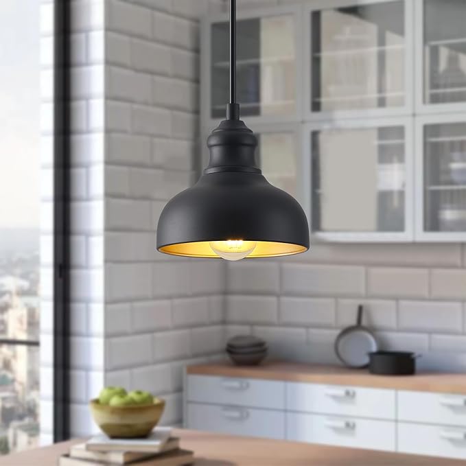 7in Dome Black Farmhouse Barn Pendant Light with Brass Interior, 2 Pack Outdoor Porch Hanging Lamp Small Industrial | Lumora