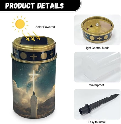 Poceacles 4 Pack Cross Solar Lights Waterproof Solar Garden Lights Cemetery Solar Outdoor Lights Outdoor Stake Automatic Solar Lantern for Cemetery Grave Decoration, God Cross Galaxy Blue