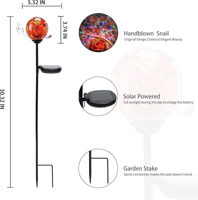 Bshine Solar Garden Decoration Outdoor Snail Lights, Hand Blown Glass Waterproof Solar Light Stake Decorate Paths, Pathways, Lawns and Yards Art for Mom Men, Father's Day Gifts