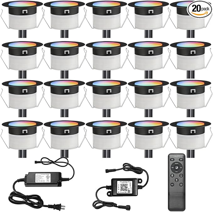Sumaote LED Deck Lights Kit, 20Pcs 1.22" WiFi Smart Phone Control Recessed RGBW Deck Stair Lighting, IP67 Waterproof Outdoor Low Voltage Landscape Lighting for Steps Path Pool Side, Black