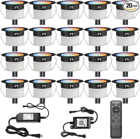 Sumaote LED Deck Lights Kit, 20Pcs 1.22" WiFi Smart Phone Control Recessed RGBW Deck Stair Lighting, IP67 Waterproof Outdoor Low Voltage Landscape Lighting for Steps Path Pool Side, Black