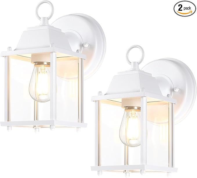 LIT-PaTH Outdoor Wall Lantern, Wall Sconce as Porch Lighting Fixture, E26 Base, Aluminum Housing Plus Glass, Water-Proof and Outdoor Rated, ETL Qualified, 2-Pack, White