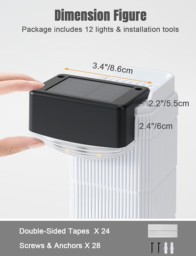 Solar Fence Lights 12 Pack, Outdoor Waterproof Solar Powered Step Lights, 3000K Warm White, Dusk to Dawn Auto On/Off Deck Light, Outdoor Lighting for Backyard, Step, Patio, Stair Railing, Wall, Porch