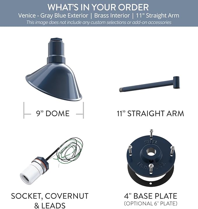 Steel Lighting Co. Venice Store Sign Light | for Outdoor Restaurant Accent Wall | 9 inch Dome | 11" Straight Arm | Made in America | Gray Blue Exterior/Brass Interior