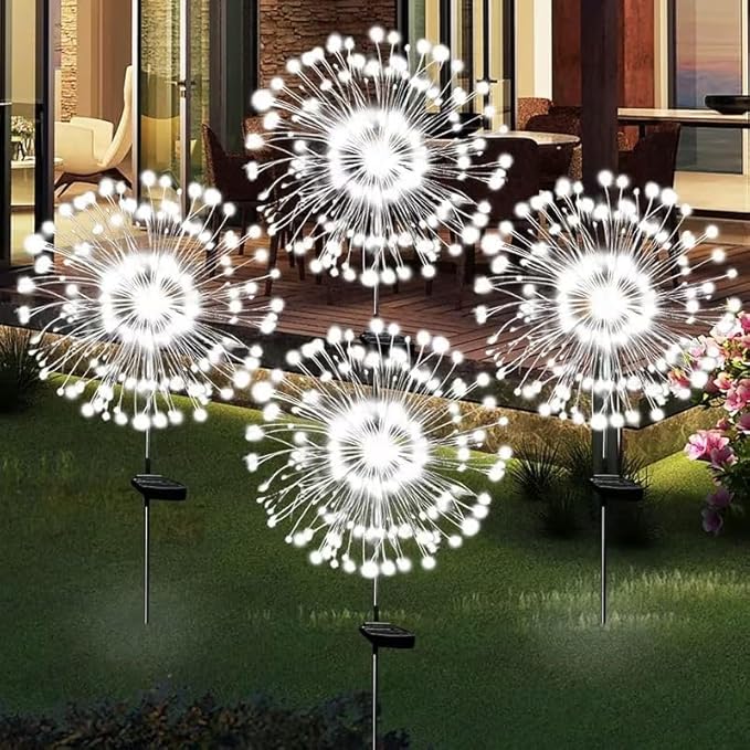 Solar Garden Lights, Firework Lights, IP55 Waterproof, Stainless Steel lamp Posts, Suitable for Outdoor Paths, terraces, Camping Parties, 600mAh (Firework Lights/Bright White 4 Pack)
