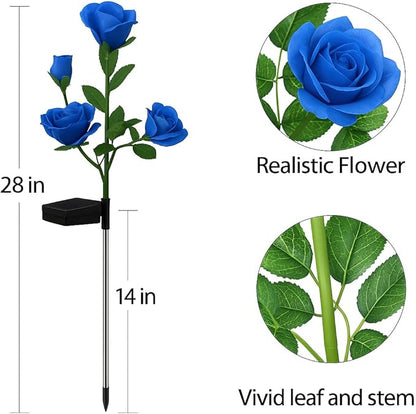 Solar Decorative Stake Rose Flower Lights for Yard Outdoor Porch Garden Memorial Cemetery Backyard Decor Flower Bed Decoration (2 Pack, Blue)