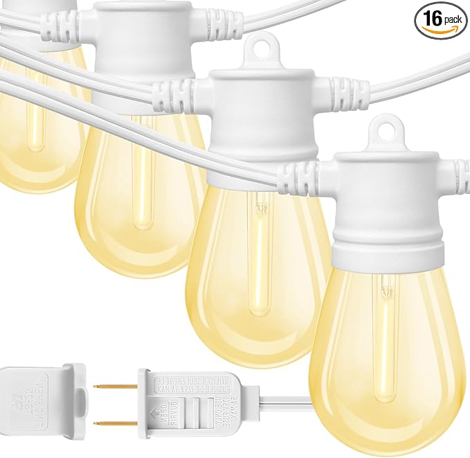FMART LED Outdoor String Lights, 50FT Hanging Lights Dimmable Commercial Grade UL ETL Listed Waterproof, 15 Sockets 1W 2700K Shatterproof Edison S14 Bulbs(1 Spare) Heavy Duty Lights(White)
