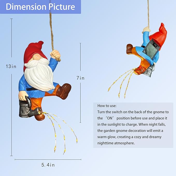 Hanging Gnomes Watering Can Lights Garden Decor, Fairy Figurines Outdoor Solar Lantern, Wall Art for PatioYard Porch, Christmas Gardening Housewarming Gifts for Mom Women