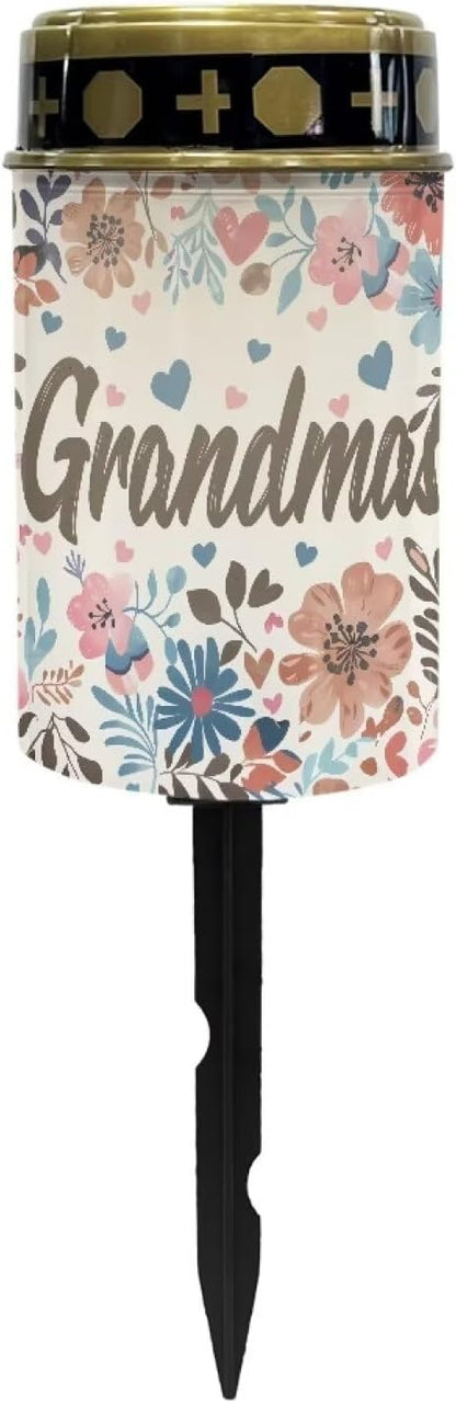 Cemetery Solar Lights, Grandma Printed Solar Powered Garden Stake Lights, Multi-Color Decorative Lights for Cemetery Grave Yard Patio Outdoor Decoration Memorial
