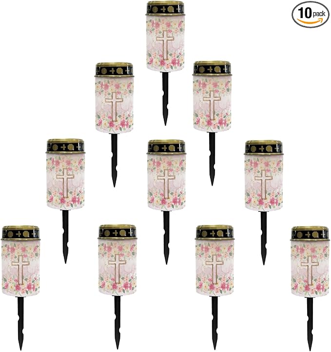 Cross Floral Solar Lights Outdoor Solar Garden Stake Lights Landscape Lighting for Yard Patio Cemetery Decoration for Grave,Flameless Warm White Lights Solar Powered Lights for Outside,Pink