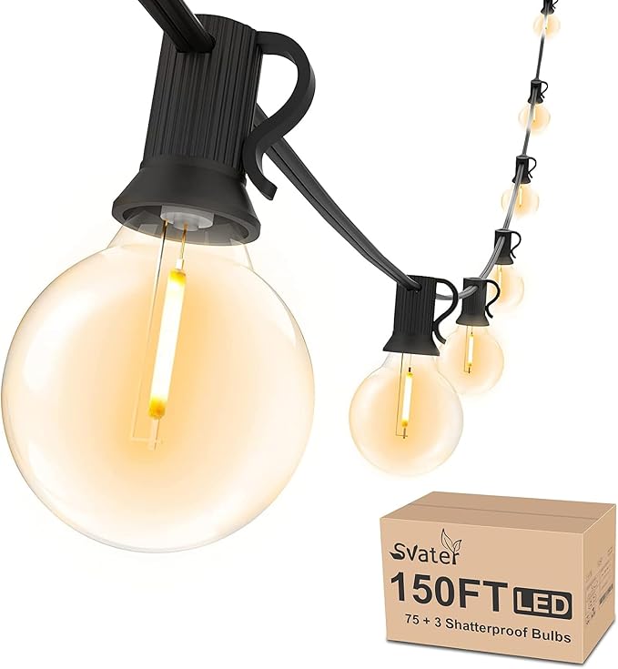 Svater Outdoor String Lights 150FT with 50 Pack Replacement Bulbs for Bistro Backyard Cafe Market, Warm White 2700K | Lumora