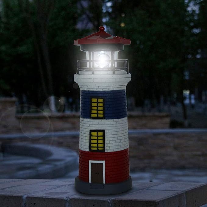 LED Solar Power Lighthouse Statue Outdoor Decor Rotating Outdoor Light Garden Yard Lawn Craft Ornament, Lighthouse Lamp Solar Lighthouses for Outside(Red+Blue+White)
