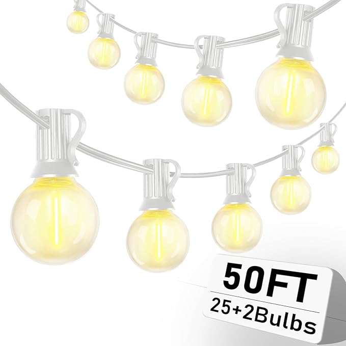 50Ft Outdoor String Lights G40 Globe Patio Lights Waterproof with 27 LED Shatterproof Globe Bulbs(2 Spare), Dimmable for Backyard Party Porch Wedding Bedroom Decor, White Wire