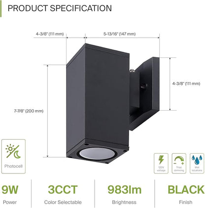 ASD 1 Light Square Dusk to Dawn LED Outdoor Wall Light Fixture | 9W 1000LM 3000K-5000K 120V Cylinder Up Down Lights | Exterior Wall Sconce | Front Door, Porch, Patio | Black, ETL 6 Pack
