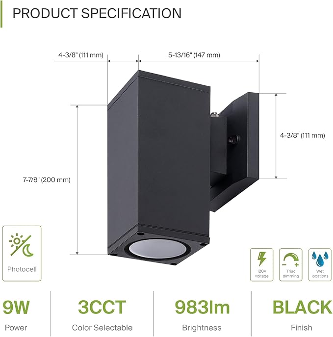 ASD 1 Light Square Dusk to Dawn LED Outdoor Wall Light Fixture | 9W 1000LM 3000K-5000K 120V Cylinder Up Down Lights | Exterior Wall Sconce | Front Door, Porch, Patio | Black, ETL
