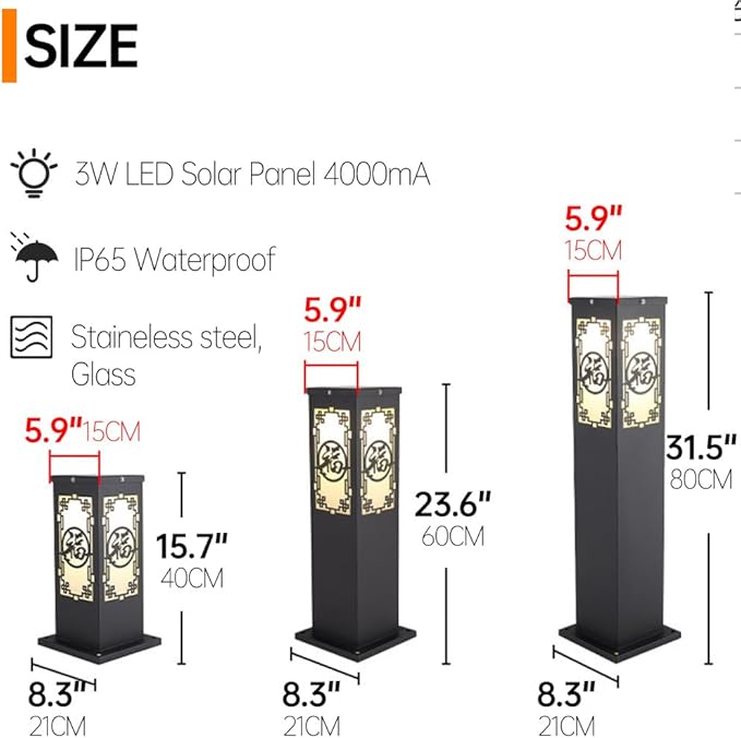 Solar Landscape Lighting Outdoor Solar Pathway Lights with IP65 Waterproof Stainless Steel Path Lamp Chinese Style Glass Solar Bollard Lantern for Courtyard Balcony Driveway Garden