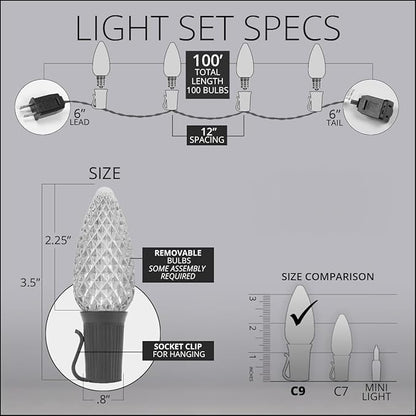 Wintergreen Lighting C9 OptiCore LED Commercial Outdoor Blue Christmas Lights – Heavy Duty Bulbs, 18 Gauge White Wire (100 Lights, 100 Ft, Blue)