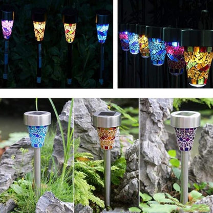 Solar Lights 3 Pack,Solar Garden Lights Solar Path Lights Stainless Steel Solar Glass Mosaic Stake Light for Garden Path Lawn Outdoor Patio Driveway