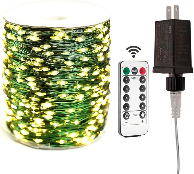 Extra Long Green Wire Fairy Lights Plug in 400FT High Bright 1200 LED Waterproof LED String Lights with Remote Warm White for Christmas Tree, Patio, Garden, Backyard