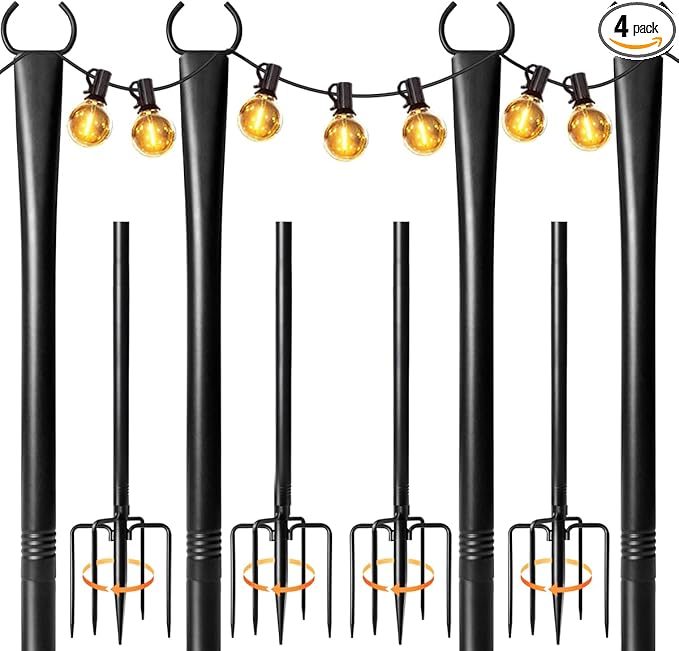 4 Pack String Light Poles for Outside, Heavy-Duty Metal Light Poles for Outdoor String Lights with Fork, Adjustable | Lumora