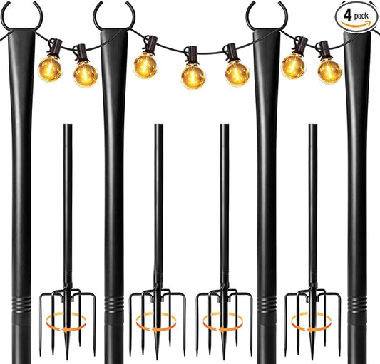 4 Pack String Light Poles for Outside, Heavy-Duty Metal Light Poles for Outdoor String Lights with Fork, Adjustable Lighting Accessories for Patio Decor Backyard Yard Pergola Garden Decorations