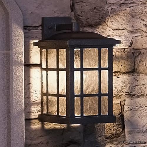 Urban Ambiance Luxury Craftsman Outdoor Wall Light, Medium Size: 17" H x 11" W, with Tudor Style Elements, Highly-Detailed Design, High-End Black Silk Finish and Water Glass, UQL1236