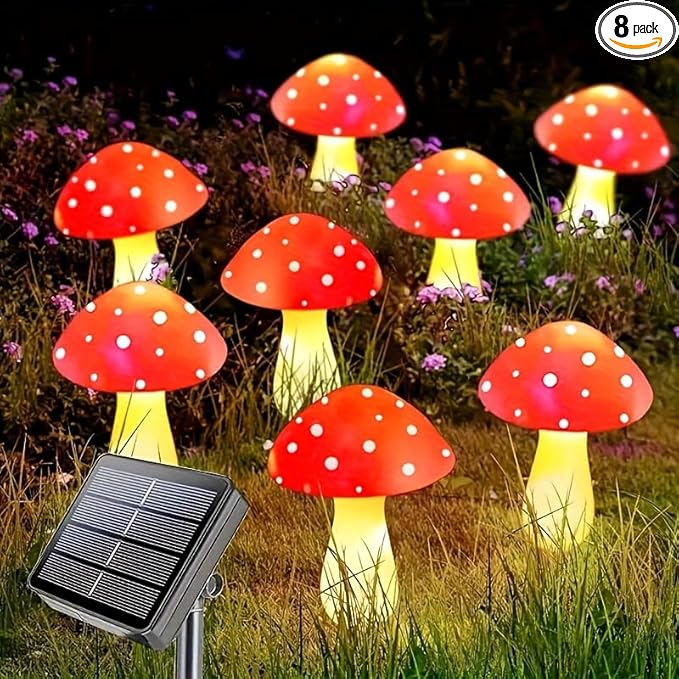 Outdoor Garden Corridor Light, 1-to-8 Solar Mushroom Lights for Outdoor Decoration, Outdoor, 8-Mode Garden Path Landscape Courtyard Autumn Festival Path Lights (8, RED)