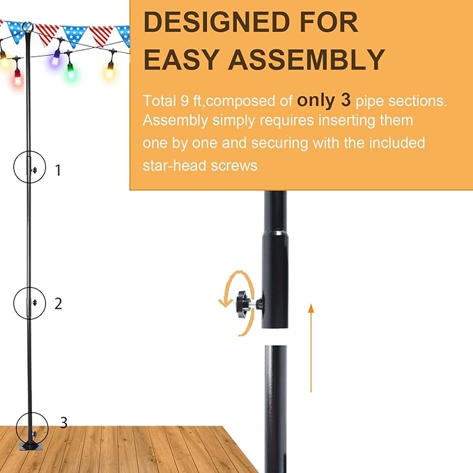 2 Pack 9 FT Heavy Duty String Light Poles,for Hard Concrete Ground,Wood Deck Railing | Lumora