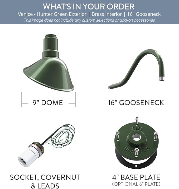 Steel Lighting Co. Venice Store Sign Light | for Outdoor Restaurant Accent Wall | 9 inch Dome | 16" Gooseneck | Made in America | Hunter Green Exterior/Brass Interior
