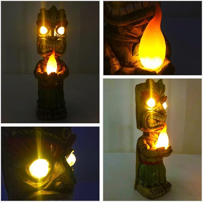 13" Tall Solar Torch Tiki Garden Statue, Resin Large Tiki Decor Figurine with Solar Lights, Hawaiian Tiki Man | Lumora