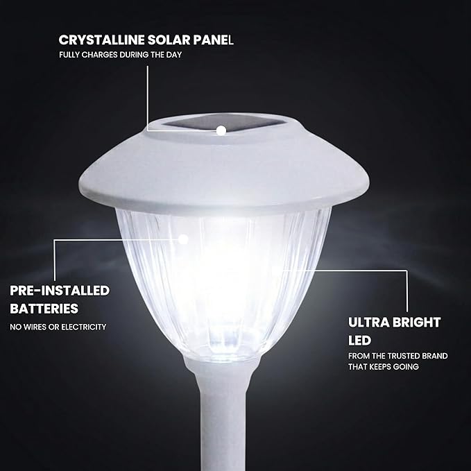 Energizer Solar LED Lights Outdoor - 8 Pack 15 Lumen Patio Lights Solar Powered & Waterproof with Patterned Glass & Metal Finish, Easy Installation Landscaping Lights for Lawn Decoration - White