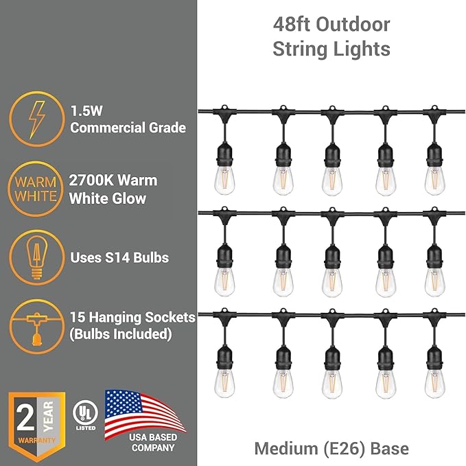 Diodesy- 48Ft Outdoor String Lights with S14 LED Shatterproof Edison Bulb & 15 Hanging Socket Commercial Grade E26 | Lumora