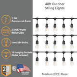 Diodesy- 48Ft Outdoor String Lights with S14 LED Shatterproof Edison Bulb & 15 Hanging Socket Commercial Grade E26 | Lumora