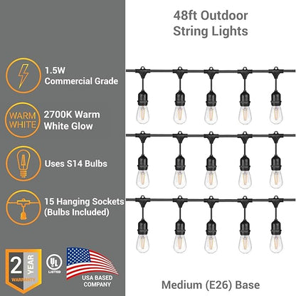 Diodesy- 48Ft Outdoor String Lights with S14 LED Shatterproof Edison Bulb & 15 Hanging Socket Commercial Grade E26 Medium Base 22.5W 2250 Lumens 2700K Warm White- Waterproof for Patio Garden Backyard