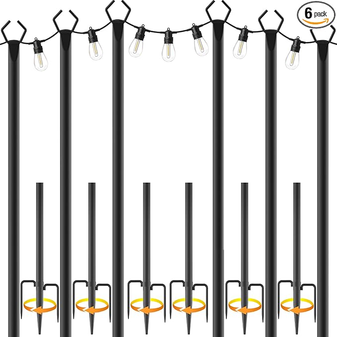 10Ft String Light Poles 6 Pack,Light Poles for Outside Lights,Outdoor with Fence Brackets Hanging Lights,Metal | Lumora