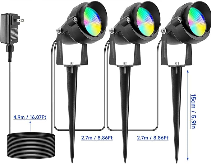 Outdoor Spotlights with Timer, Colored Yard Spot Lights Warm White RGB LED Landscape Light IP65 Waterproof Uplight with Spiked Stand for Lawn House Flag Pathway Porch Christmas (3 Lights)