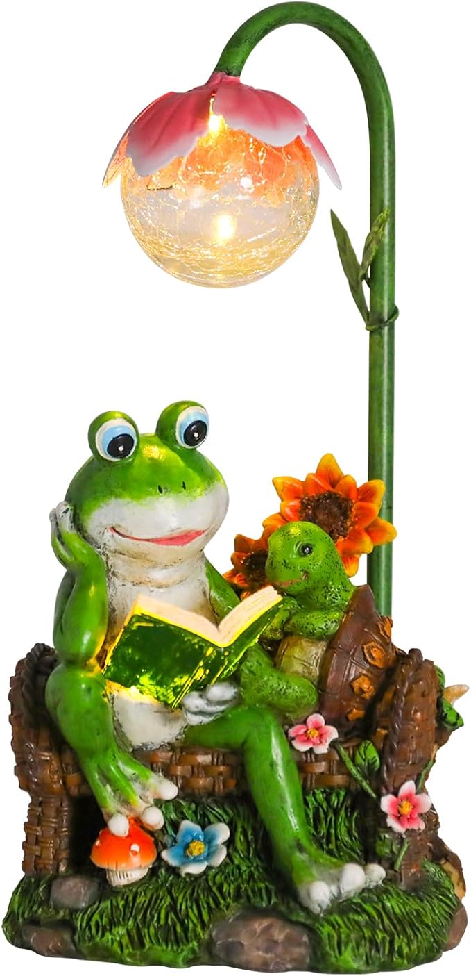 Afirst Solar Garden Statues, Frog Statues Outdoor Resin Figurine with Solar Lights Statue Decorations for Lawn, Patio, Balcony, Yard Ornament, Frog&turtle