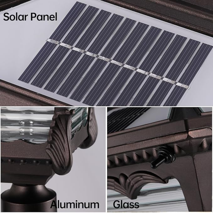 Vintage Solar Pathway Light Brown Aluminum Landscape Path Light Solar Glass Bollard Lantern IP65 Waterproof Outdoor Floor Lamp for Lawn Courtyard Garage Driveway Porch