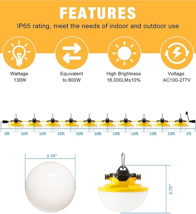 100FT Construction String Light 130W 16000Lm, 5000K Industrial Grade LED String Work - Outdoor Security Flood Light | Lumora