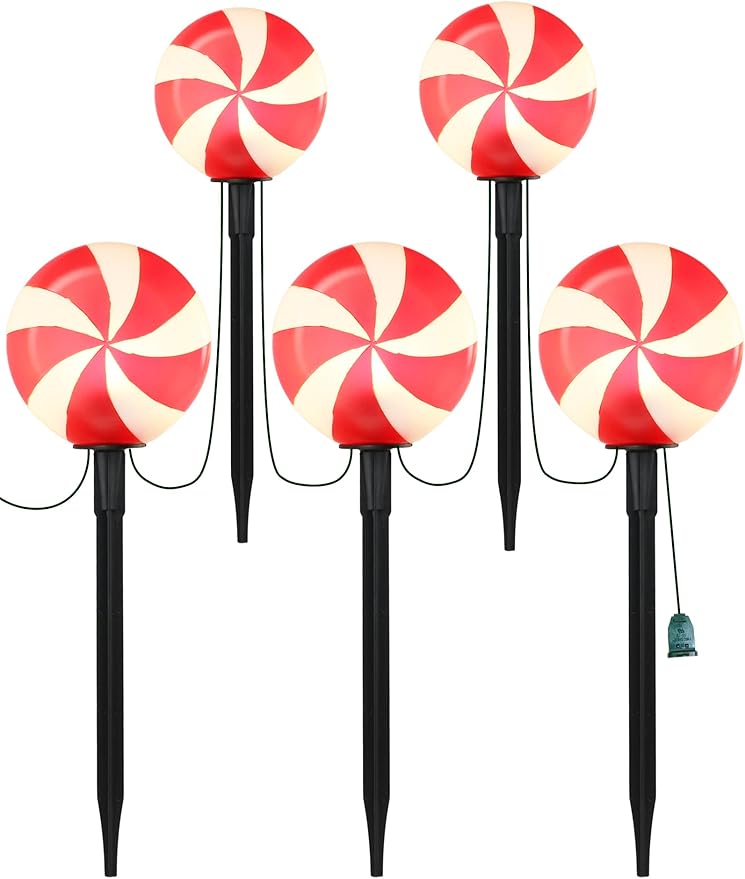 Set of 5 Peppermint Christmas Pathway Lights, Enchanting Outdoor Candy Cane Decorations for Yard, Bright C7 LED | Lumora