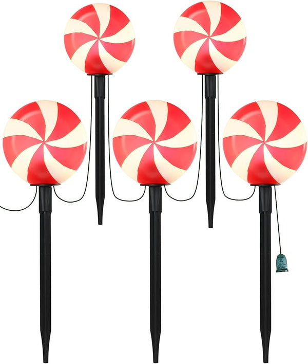 Set of 5 Peppermint Christmas Pathway Lights, Enchanting Outdoor Candy Cane Decorations for Yard, Bright C7 LED | Lumora